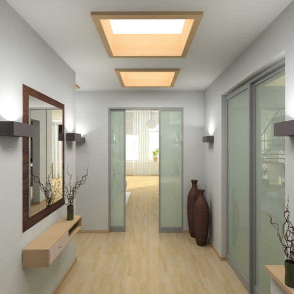 Modern hallway with neutral walls and wood flooring