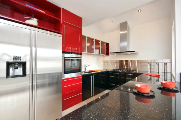 red and stainless kitchen