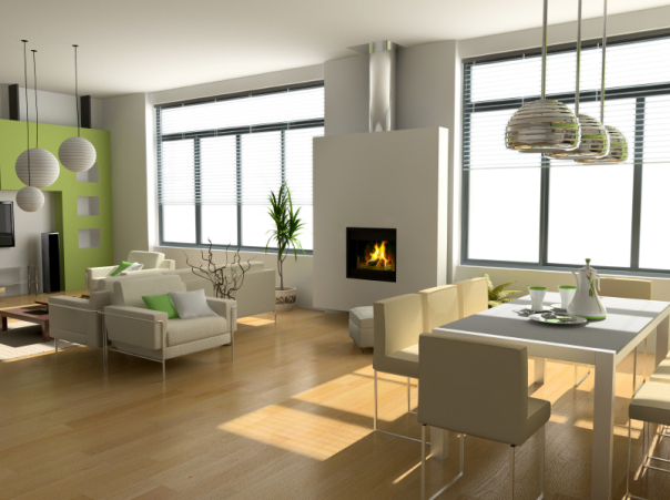 Modern living room and dining area with white fireplace against wall