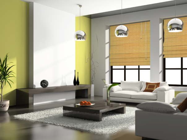 Modern living room with a pop of yellow-green color on the focal wall