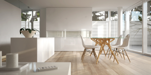 modern dining room with white walls, fixtures and furniture