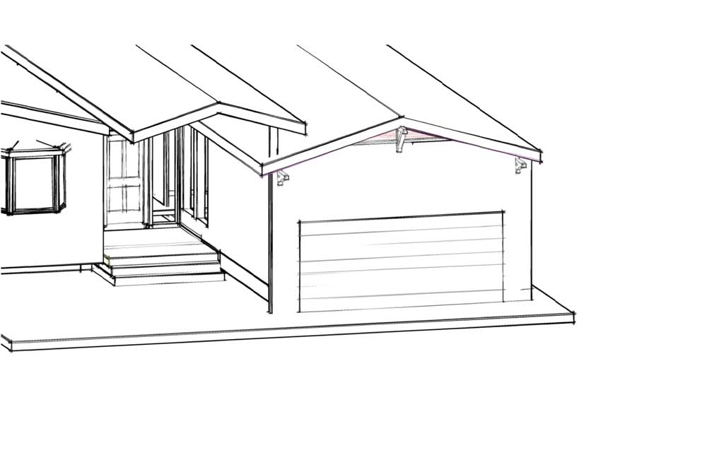 Design drawing: single-storey home with peaked roof and garage