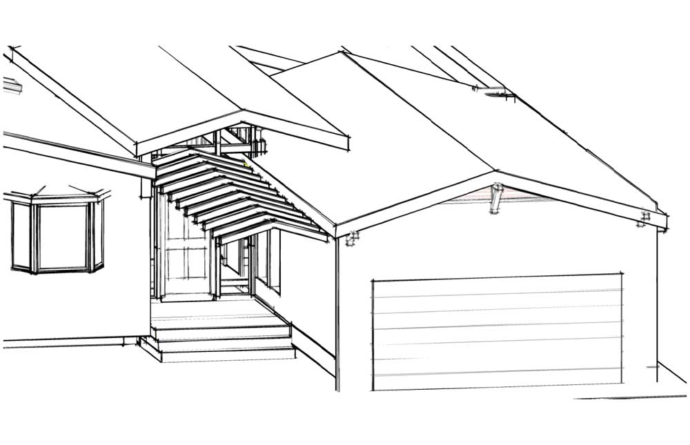 Design drawing: front elevation of home with peaked roof and garage