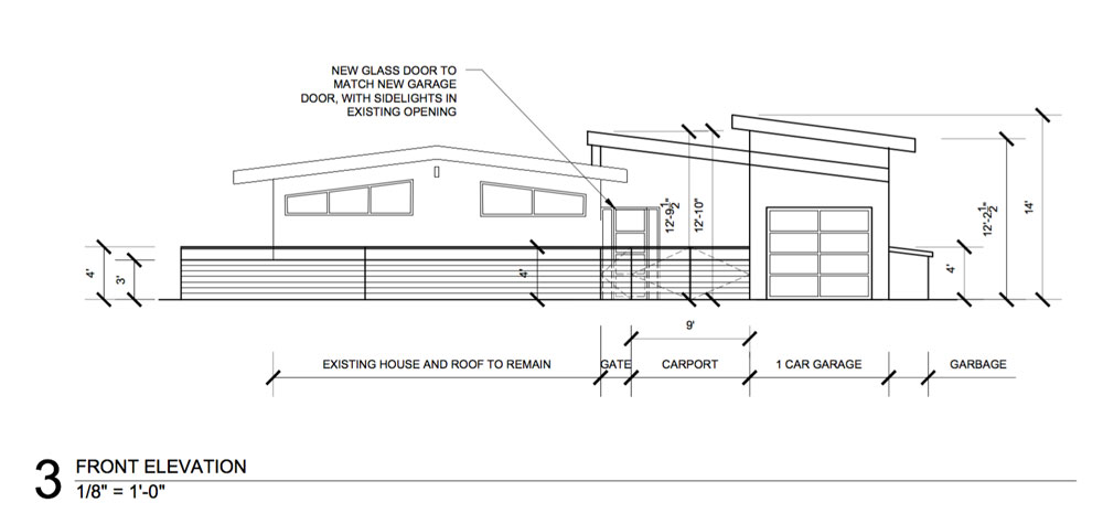 Design drawing: Front elevation of modern home with fence and garage