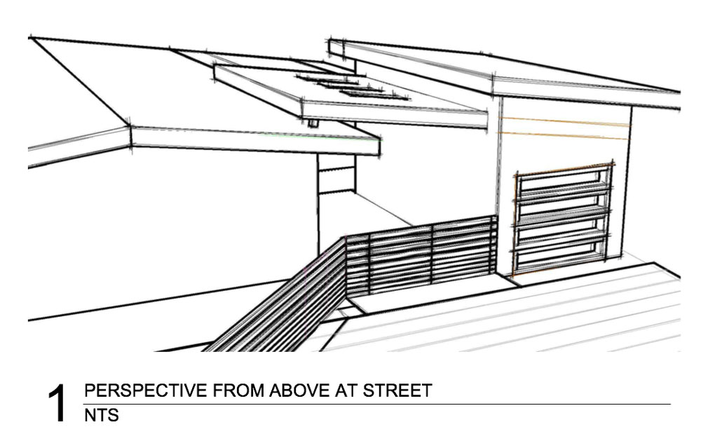 Design drawing: perspective from above street of elevation of single-story home with fence and garage