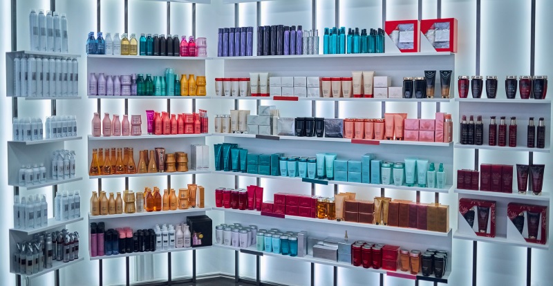 retail salon shelves displaying hair products