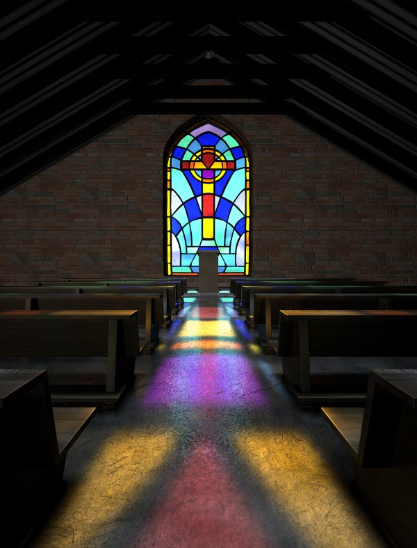interior of church with stained glass window