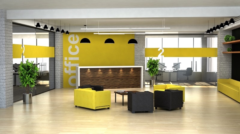 interior of modern office with yellow furniture