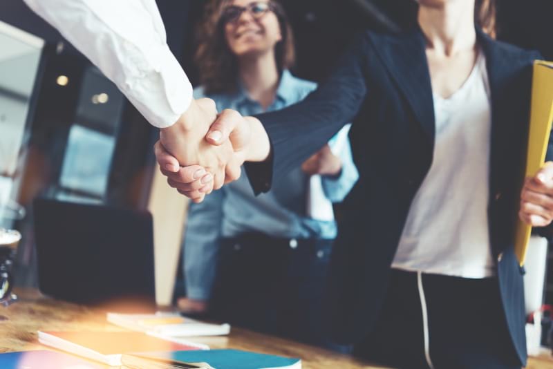 Female architect shaking hands with man, assistant in background