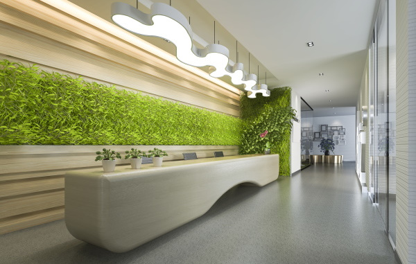 modern hotel lobby with green wall