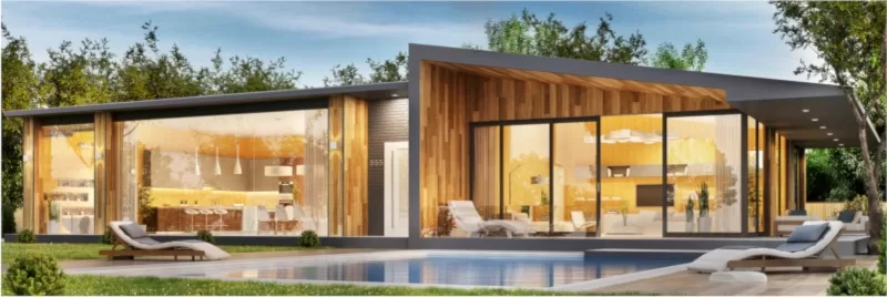 Exterior of modern home with wood frame and large glass windows, overlooking a pool