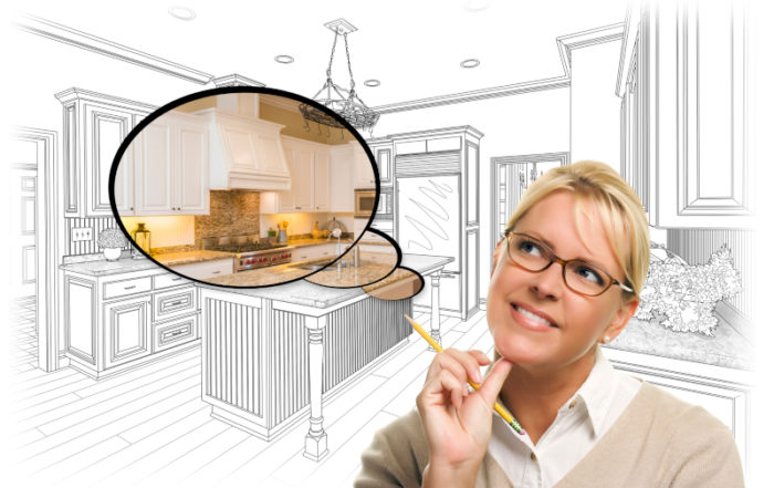 Blond woman with glasses thinking. Thought bubble contains image of modern kitchen