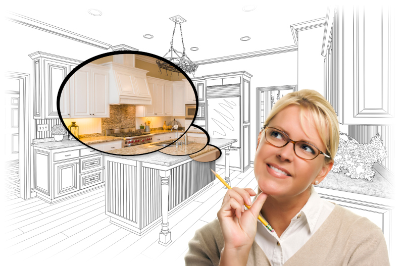 Blond woman with glasses thinking. Thought bubble contains image of modern kitchen