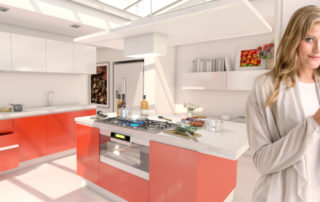 Young woman drinking coffee in a modern red kitchen