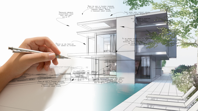 Hand ith pencil working on a 3-D architectual drawing