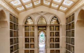 Oakland, California. Niches of Urns and exit to a garden at the Columbarium of Chapel of the Chimes