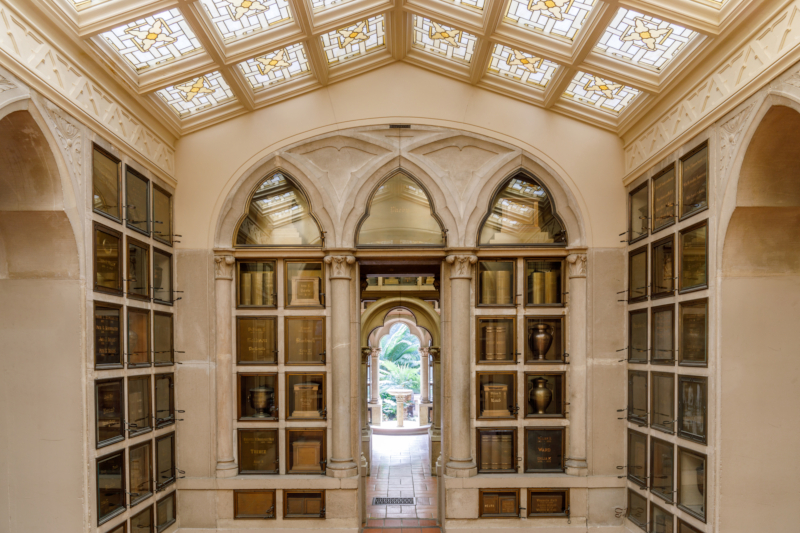 Oakland, California. Niches of Urns and exit to a garden at the Columbarium of Chapel of the Chimes