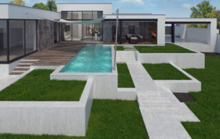 Modern home backyard with pool and artistic paving