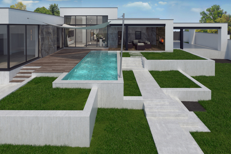 Modern home backyard with pool and artistic paving