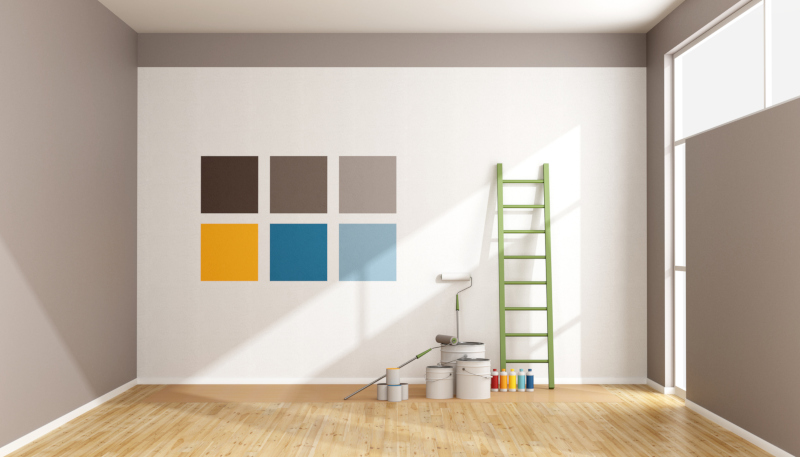 Select color swatch to paint wall in a minimalist room - rendering