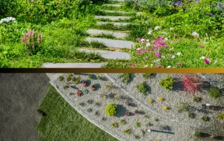 split image: top, landscape with stone pavers and natural plant ground cover; bottom landscape with grass and gravel