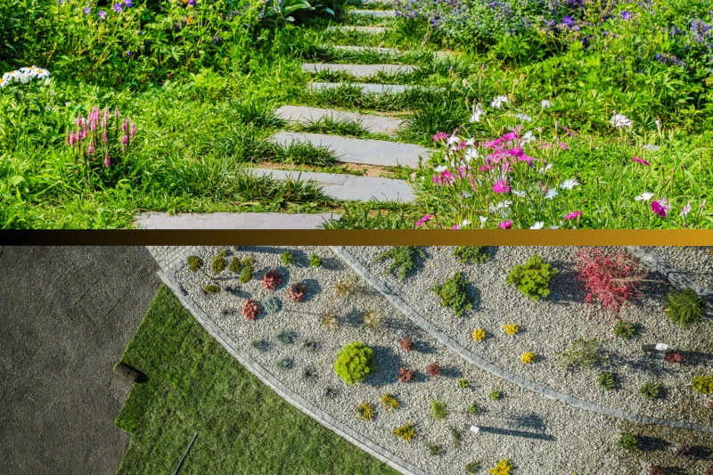 split image: top, landscape with stone pavers and natural plant ground cover; bottom landscape with grass and gravel