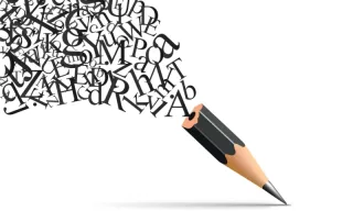 Cartoon image of a pencil with jumbled words flowing from the back end