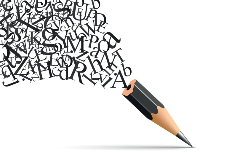 Cartoon image of a pencil with jumbled words flowing from the back end