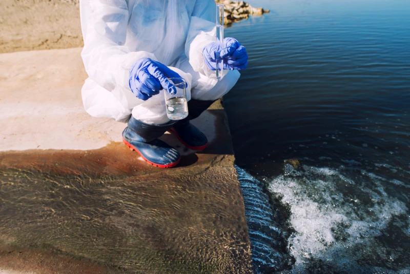 Person in white Tyvek suit kneeling beside a reservoir with a test beaker and pipette