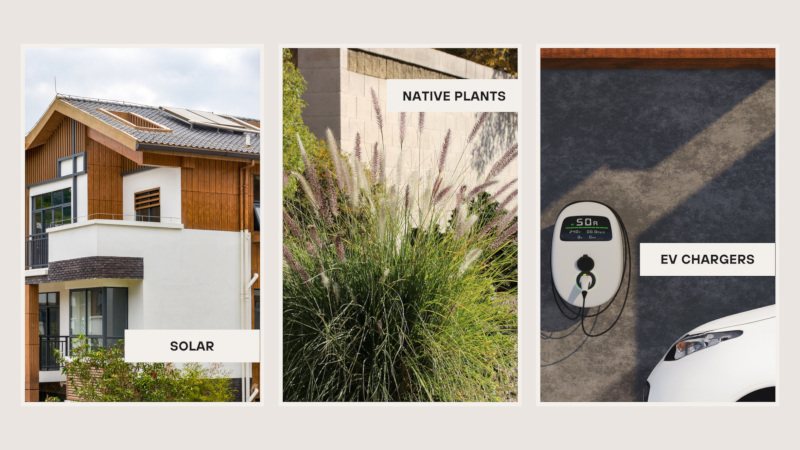 A condo with solar, native plants in the yard and an EV in the garage