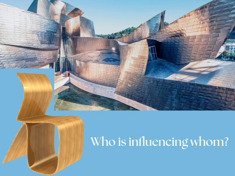 Modern, abstract building in aluminum juxtaposed against a modern wood chair, with the legend: "Who Influences Whom?"