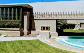 View of the Hollyhock House, in Barnsdall Art Park, designed by architect Frank Lloyd Wright