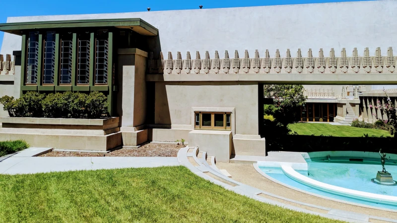 View of the Hollyhock House, in Barnsdall Art Park, designed by architect Frank Lloyd Wright