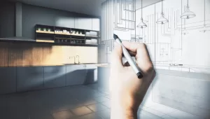 Modern kitchen photograph with hand and architectural plans overlaid