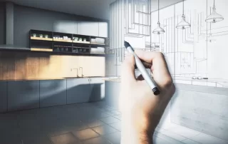 Modern kitchen photograph with hand and architectural plans overlaid