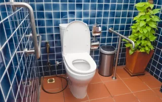 Blue-tiled bathroom with white toilet surrounded by chrome grab bars.