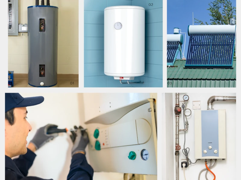 Collage of images of various types of hot water heaters