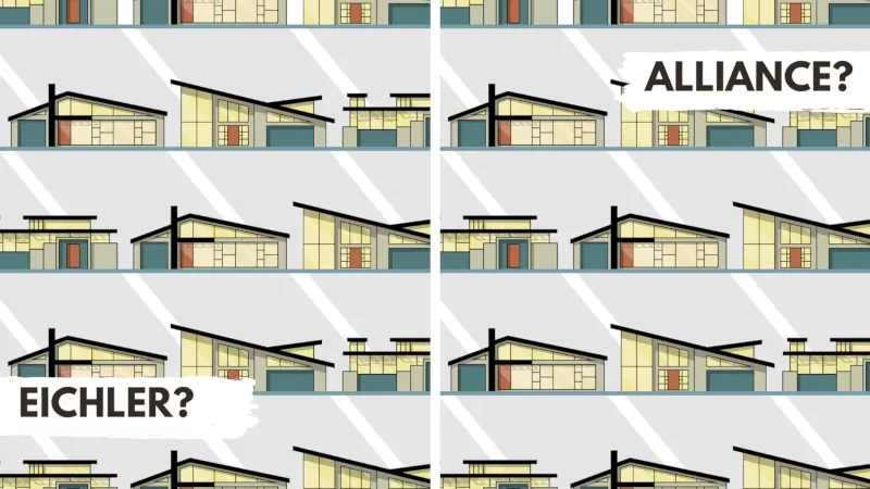 Multiple prints of drawings of mid-century modern homes with flat and sloped roofs.