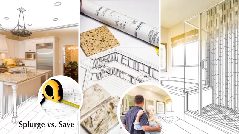 Triptych: First panel-Plans for kitchen remodel, Second panel drawings and material choices, Third panel, drawing for a bathroom remodel, with couple imagining their options.